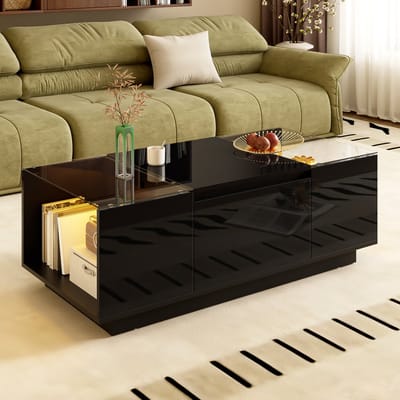 Pugsdrly Moderne en minimalistische salontafel van 105 cm met opbergruimte, sfeerverlichting met led, glazen tafelblad en 2 lades