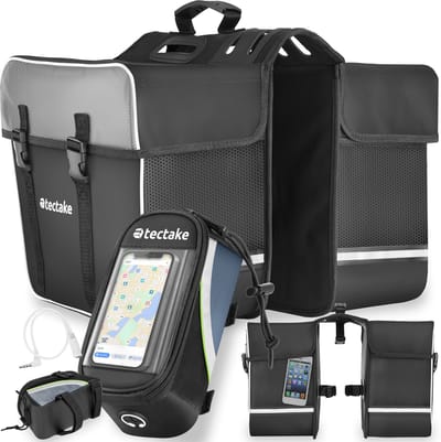 tectake® Fietstas met Frametas - Fietstassen met Refelctor - Tassen voor Fiets en Elektrische Fietsen - Dubbel - Waterdicht - Bagagedragertas: 35L - Stuurtas 20,5 x 10 x 10,5 cm (1,8L) - Met Touch Scherm - Zwart/Groen
