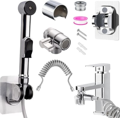 Bidet Handdouche Set - Chroom - Voor Badkamer - Inclusief Slang en Kraandispenser - Voor Persoonlijke Hygiëne
