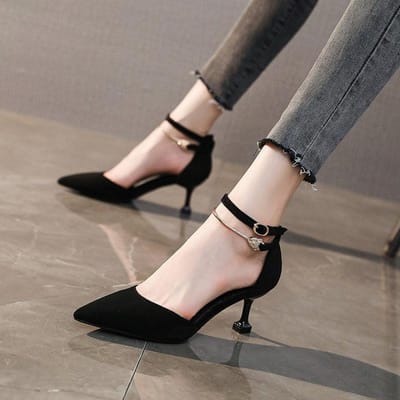 Lente Zomer Middenhiel 7cm Hoge Hakken Damesschoenen Stiletto Puntneus Teen Sandalen Eén Woord Gesp Holle Enkelschoenen 35 zwart
