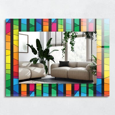 Wallfluent Spiegel - Kleurrijke Strepen Van Gebrandschilderd Glas Vierkante Spiegel - 80x60 cm - Kleurrijk Spiegel op gehard Glas - Spiegel met een sierlijk motief - Badkamerspiegel - Gangspiegel - Eetkamer - Make-up Spiegel