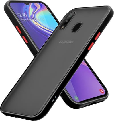 Cadorabo Hoesje geschikt voor Samsung Galaxy M30 / A40s in Mat Zwart - Rode Knopen - Hybride beschermhoes met TPU siliconen Case Cover binnenkant en matte plastic achterkant