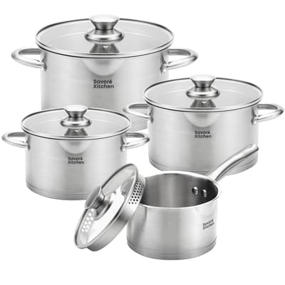 Savoré Kitchen 8-delige RVS Pannenset - Kookpannen met Glazen Deksel - Inductie Pannen - Afgietrand, Maatverdeling en Schenktuit