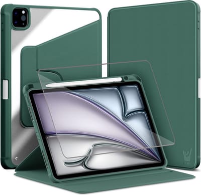 Hoes met Screenprotector geschikt voor iPad Air 11 2024 / iPad Air 10.9 2022-2020 / iPad Pro 11 2022-2018 - Book Case Premium Sleep Cover Kunstleer 360 Graden Draaibaar met Auto/Wake Functie en Pencilhouder - Groen