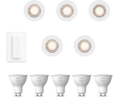 Philips Hue Peridot Set van 5 Inbouwspots (Wit) - Rond - Niet Richtbaar - GU10 - Warmwit Licht - Incl. Hue Dimmer Switch - Hue White