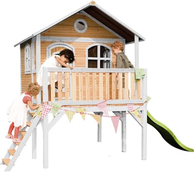 AXI Sophie Speelhuis Bruin/wit – Limoen groene Glijbaan – Classic speelhuisje met verdieping en ladder – FSC hout - Speeltoestel voor kinderen