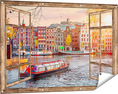 Gards Tuinposter Doorkijk Amsterdamse Huisjes vanaf de Grachten - 120x80 cm - Tuindoek - Tuindecoratie - Wanddecoratie buiten - Tuinschilderij