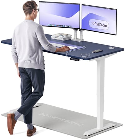 Desktronic HomePro Zit-sta Bureau Elektrisch In Hoogte Verstelbaar, 160x80 cm Wit/Blauw, Stille Dubbele Motor, Hoogte 62-126cm