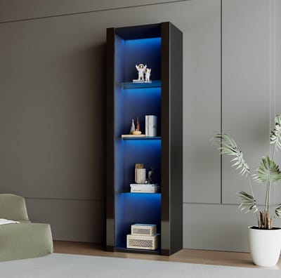 HAUSS SPOLE Vitrinekast 55x38x166cm - Buffetkast met Glasplaten en LED-Verlichting - Modern Design - Spaanplaat - Zwart