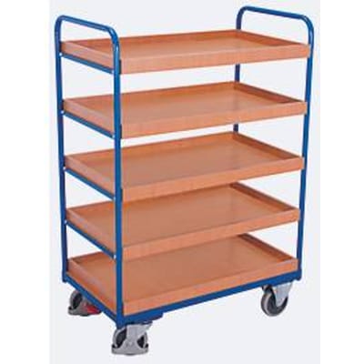 Etagewagen, staal/MDF-plaat, decor gentiaanblauw/beuken, 5 etages, 815 x 455 mm, EasySTOP, tot 250 kg