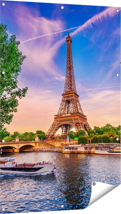 Gards Tuinposter Eiffeltoren in Parijs aan het Water - Kleur - 80x120 cm - Tuindoek - Tuindecoratie - Wanddecoratie buiten - Tuinschilderij