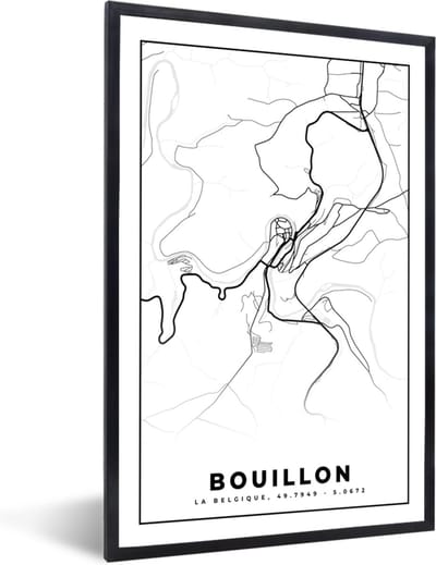Fotolijst incl. Poster Zwart Wit- België – Bouillon – Stadskaart – Kaart – Zwart Wit – Plattegrond - 40x60 cm - Posterlijst
