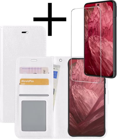Hoesje - Met Screenprotector - Geschikt voor Google Pixel 8a - Luxe Pasjeshouder - Bookcase Portemonee - Flip Case - Kunstleer Book Case - Flipcase - Book Cover - Walletcase - Portemonneehoes - Wit