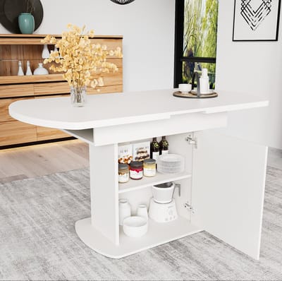 DESMIU Uitschuifbare Ovale Eettafel Met Opbergruimte Voor Eetkamer En Woonkamer Wit Zilver Spaanplaat 110 Tot 130 X 70 X 75 Cm