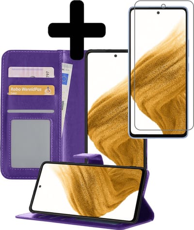 Hoesje - Met Screenprotector - Geschikt voor Samsung Galaxy A53 - Luxe Pasjeshouder - Bookcase Portemonee - Flip Case - Kunstleer Book Case - Flipcase - Book Cover - Walletcase - Portemonneehoes - Telefoonhoesjes - Paars