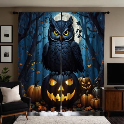 2 stuks set HD Halloween Donkere Nacht slaap Hoofd Arend decoratief gordijn Blauwe strik digitaal bedrukt gordijn Huisdecoratie stijl D W52H63inchW132H160cm blue