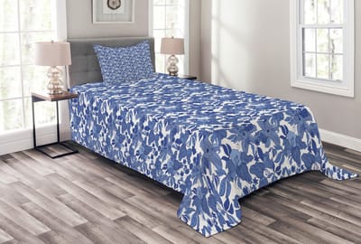 ABAKUHAUS Bloemige Deken Set – Blauwe Bloemen – 170x220 cm + 75x50 cm Kussen