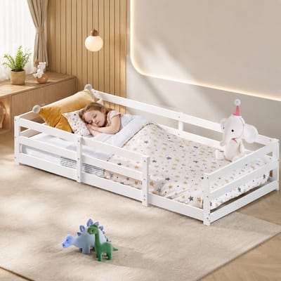 Montessori vloerbed - Kinderbed 90x200 cm - Eenpersoonsbed 90x200 cm - Grondbed - Met Valbeveiliging - Dennenhout - Snel Gemonteerd - Wit