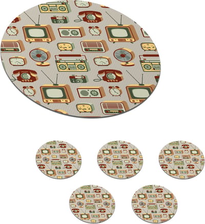 Onderzetters voor glazen - Rond - Radio - Telefoon - Retro - Patroon - 10x10 cm - Glasonderzetters - 6 stuks