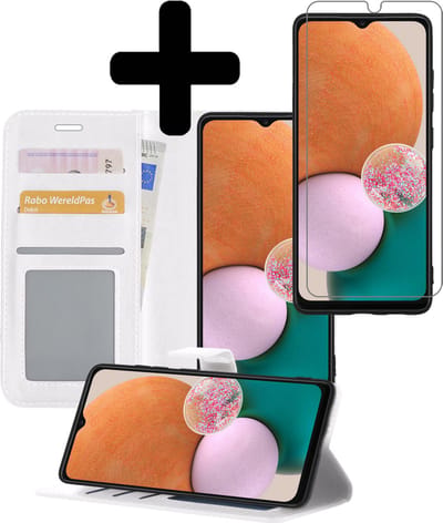 Hoesje - Met Screenprotector - Geschikt voor Samsung Galaxy A13 5G - Luxe Pasjeshouder - Bookcase Portemonee - Flip Case - Kunstleer Book Case - Flipcase - Book Cover - Walletcase - Portemonneehoes - Telefoonhoesjes - Wit
