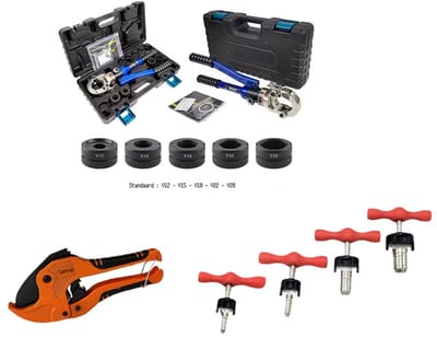 Complete Waterleiding Gereedschap Set V – Hydraulische Perstang V 12–15–18–22–28 – Buiskniptang 42 mm – Ontbraamset – Geschikt voor PEX & Meerlagenbuis