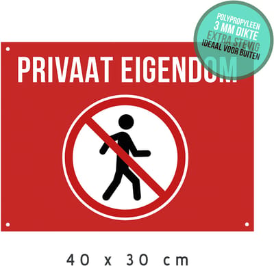 Pictogram/ bord + boorgaten | "Privaat eigendom" | 40 x 30 cm | Ideaal voor buiten | Rood | Privé | Polypropyleen | Opvallend | Geen toegang voor onbevoegden | 1 stuk