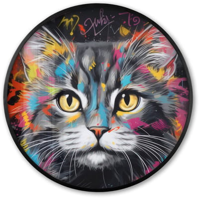 Poster in lijst Rond - Fotolijst 60x60 cm - Posters - Kat - Graffiti - Dieren - Kleuren - Grijs - Ronde posterlijst zwart - Decoratie - Wanddecoratie woonkamer - Muurdecoratie slaapkamer