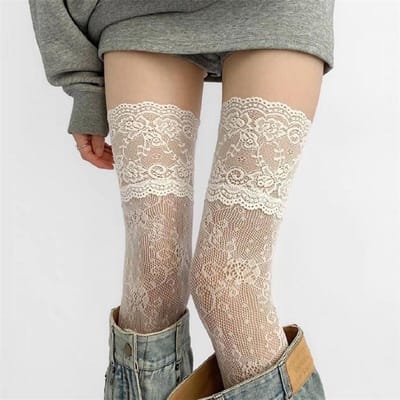 Bas en dentelle doux pour filles Harajuku Lolita Hauts cuisse Over the knee Streetwear One Size beige