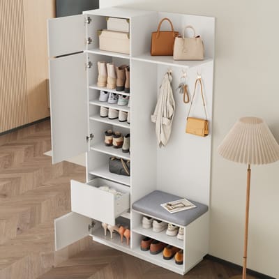 STILVORA Garderobe - Compacte Garderobekast Met Spiegel, Gepolsterde Zitbank En Haken - Opbergmeubel Met Schoenenrek En Lades - MDF - 90x34.5x190 cm - Wit