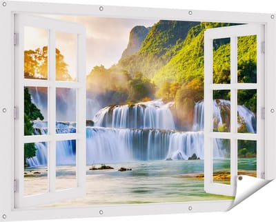 Gards Tuinposter Doorkijk Watervallen tussen de Bomen - 150x100 cm - Tuindoek - Tuindecoratie - Wanddecoratie buiten - Tuinschilderij