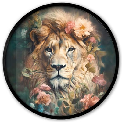 Poster in lijst Rond - Fotolijst 40x40 cm - Posters - Leeuw - Leeuwenkop - Wilde dieren - Bloemen - Ronde posterlijst zwart - Decoratie - Wanddecoratie woonkamer - Muurdecoratie slaapkamer