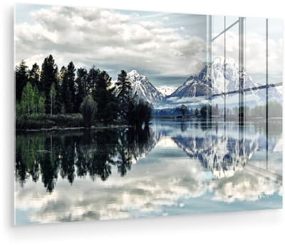 ® Glasschilderij 180x120 cm - Schilderij acrylglas - Weerspiegeling van het besneeuwde Tetongebergte en een prachtige lucht - Foto op glas - Muurdecoratie woonkamer - Wanddecoratie slaapkamer - Schilderijen