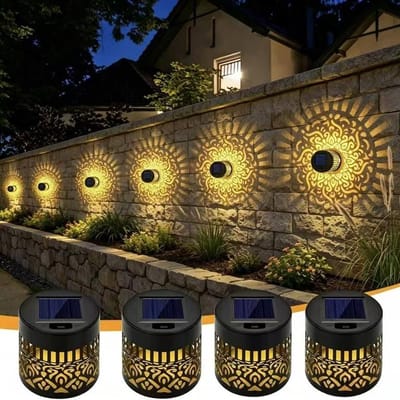 KZQ Solar Tuinverlichting - Mandala-lamp op zonne-energie voor buiten - Wandlamp - Warm licht zonnelamp - Set van 4 - Geschikt voor tuin, pilaar, terras, achtertuin en andere buitenruimtes.