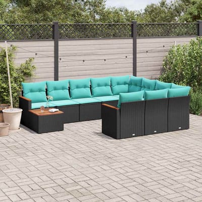 vidaXL - 11-delige - tuinbankset - met - kussens, - zwart - polyrotan