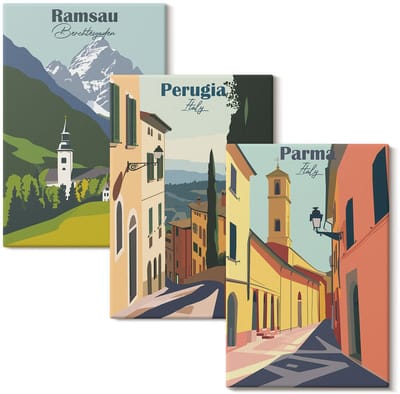 Wallfluent Set van canvas schilderijen - Berglandschappen en straten van Italiaanse steden Canvas Schilderijen Set - set 3 stuks 20x30 cm - Veelkleurig Set van Canvas Prints - Architectuur Canvas Kunst Set - Boheemse Canvas Kunst Set