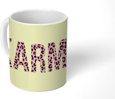 Mok - Koffiemok - Karma - Luipaardprint - Geel - Mokken - 350 ML - Beker - Koffiemokken - Theemok - Mok met Tekst