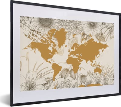 Poster in lijst - Fotolijst 60x40 cm - Posters - Wereldkaart - Goud - Bloemen - Posterlijst zwart - Decoratie - Wanddecoratie woonkamer - Muurdecoratie slaapkamer