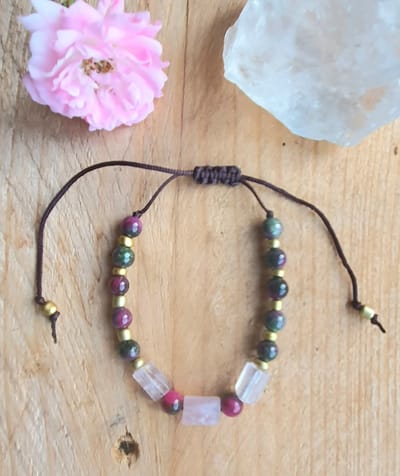 Handgemaakte dames edelsteen armband - boho style - toermalijn jade - rozenkwarts