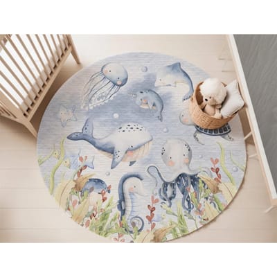 Blauw Zeedier Rond Tapijt voor Woonkamer Baby Meisje Kamer Kinder Speelkamer Mat Slaapkamer Zacht Kleed Kinderkamer Decoratie kinderspeelmat 80x80cm