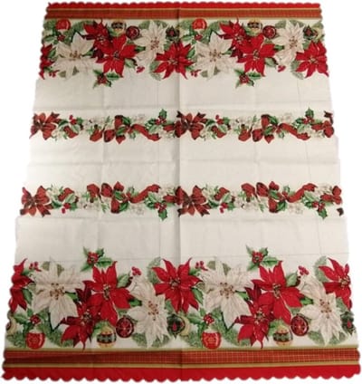 Kerst thema print tafelkleed van 150 x 180 cm - Kerstbloemen print in de kleuren ecru/groen/rood - Materiaal: polyester