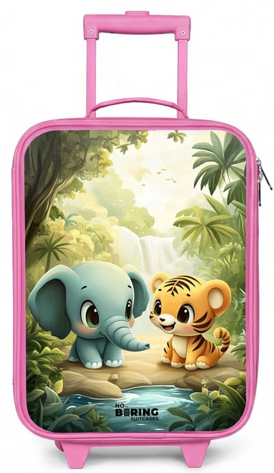NoBoringSuitcases.com® - Kinderkoffer roze - Kindertrolley meisje - Olifant - Tijger - Bos - Jungle - Koffer kind lichtgewicht - Reiskoffer trolley voor kinderen - Koffertje met lichtgevende wieltjes - Rolkoffer