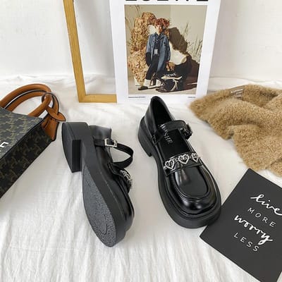 Schoenen met dikke zolen en sponszool, loafers voor dames in Britse stijl, retro Frans Mary Jane enkelbandje, Japanse JK kleine leren schoenen 38 zwart