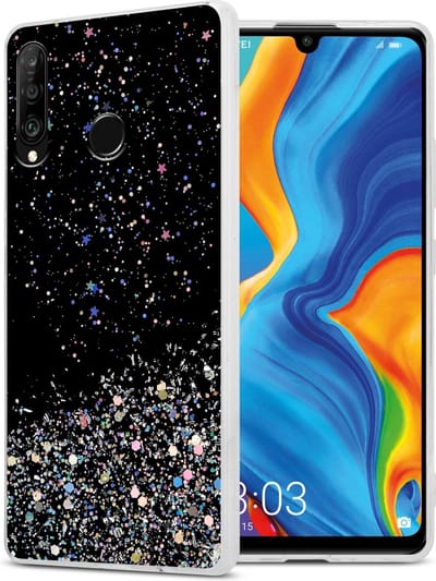 Cadorabo Hoesje geschikt voor Huawei P30 LITE in Zwart met Glitter - Beschermhoes van flexibel TPU silicone met fonkelende glitters Case Cover Etui