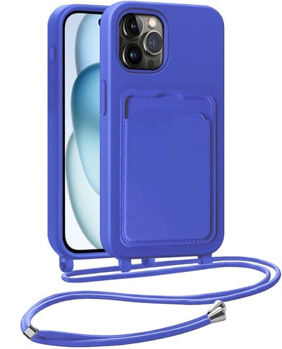 Hoesje Geschikt voor iPhone 14 Pro Hoesje Met Telefoonkoord en Pasjeshouder Siliconen - Hoes Geschikt voor iPhone 14 Pro Hoesje Met Kaarthouder Case - Felblauw