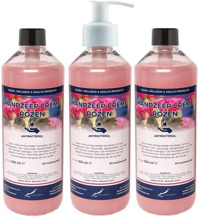 Handzeep Crème Rozen 500 ml - set van 3 stuks - met gratis pomp - Voordeelverpakking