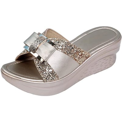 Zomer Dames Glanzende Strik Slippers Mode Buiten Sandalen Dames Dikke Zool Wedge Slippers 41