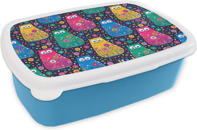 Broodtrommel Blauw - Lunchbox - Brooddoos - Kat - Regenboog - Bloemen - 18x12x6 cm - Kinderen - Jongen