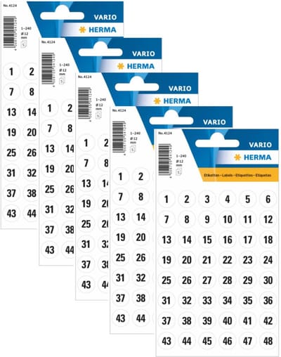 Herma Stickervel - cijfers / getallen - 0 t/m 240 - 10x vellen - wit - 12 mm - rond