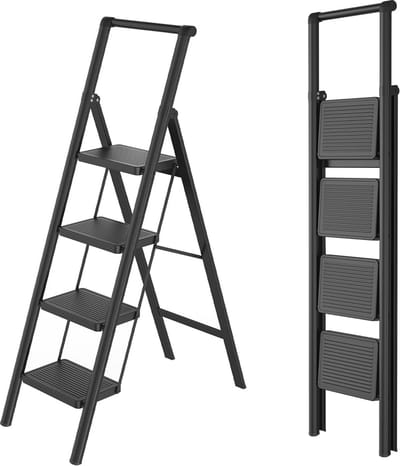 Aufun Trapladder, 4 treden, vouwladder met breed anti-slip pedaal, met leuning, huishoudladder, multifunctionele opstapkruk, belastbaar tot 270 kg, trapladder voor huishouden, kantoor, zwart