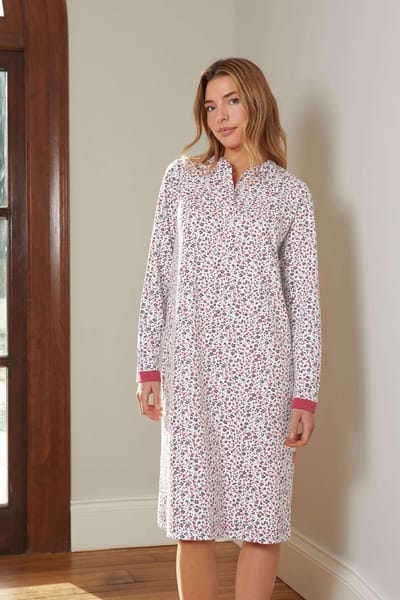 Barandi – Dames Slaapkleed met Lange Mouwen – Katoen – Dierenprint Wit/Roze - L